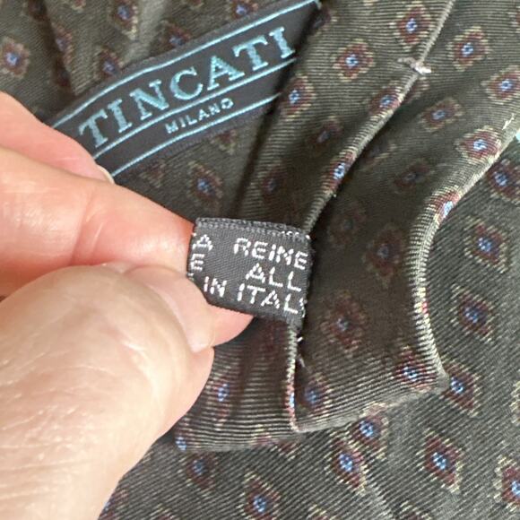TINCATI MILANO Silk Tie Made In Italy Geometric Green Background 3.5” Width - Picture 6 of 7